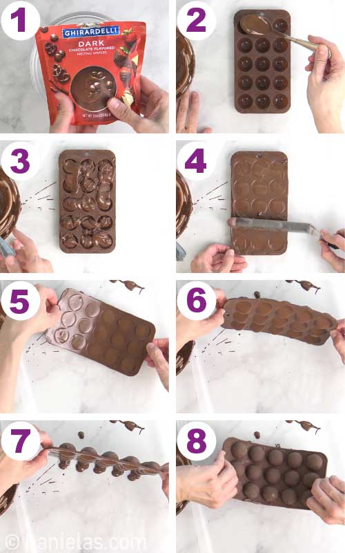 Filling a silicone mold with melted chocolate.