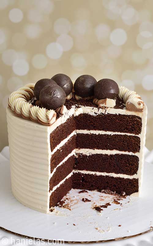 Cut cake showing cake layers.