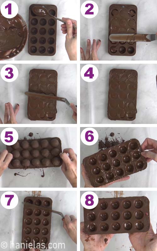 Filling a silicone mold with melted chocolate, and then letting the excess chocolate pour out.