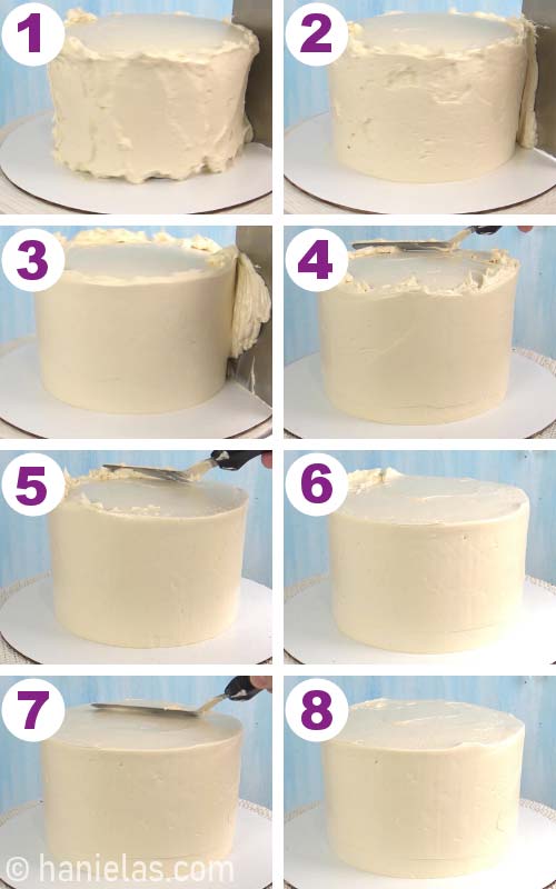 Smoothing frosting on a cake with icing smoother.