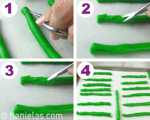 Making small cut into a cookie dough with scissors.