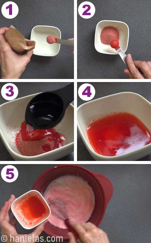 Mixing raspberry jello with water.