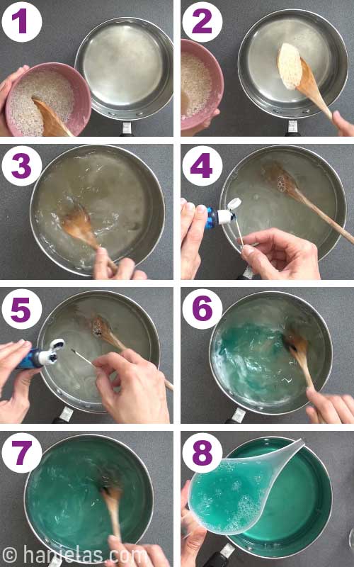 Dissolving bloomed gelatin it hot water and stirring in blue food coloring.
