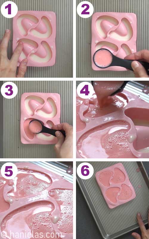 Filling mold with pink jello mixture.