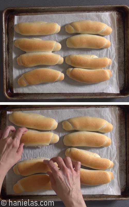 Baked buns on a baking sheet.