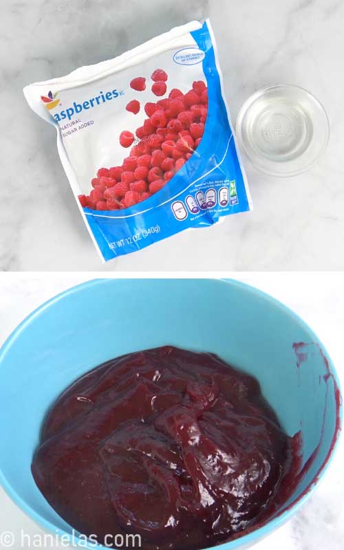 Frozen raspberries in a bag and cake filling in a bowl.