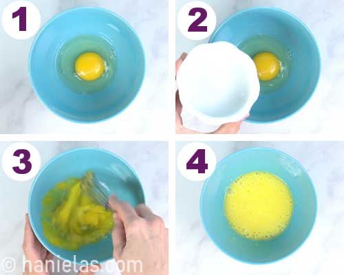 Whisking egg and water in a bowl.