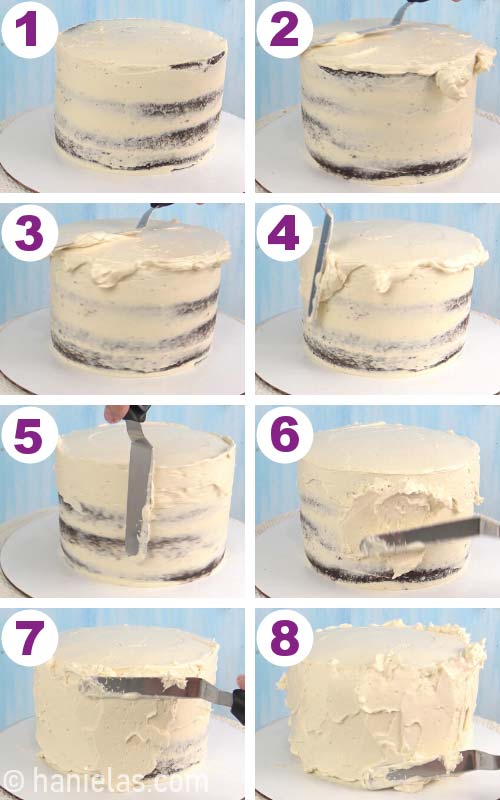 Frosting a cake with buttercream.