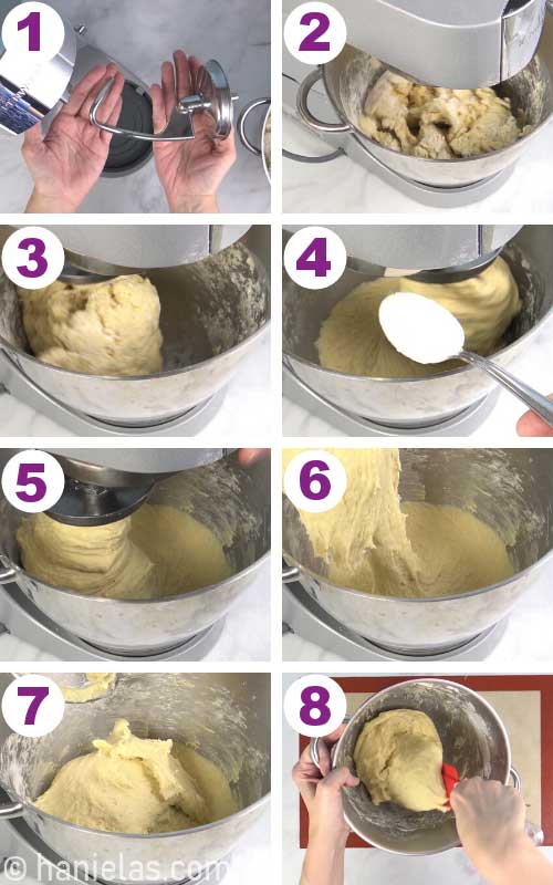 Kneading yeast dough with a hook attachment.