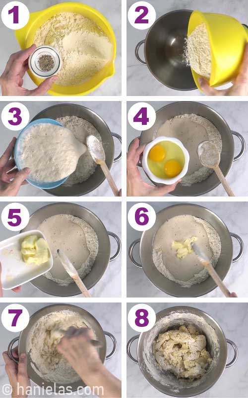 Stirring flour, eggs, yeast mixture into a dough.