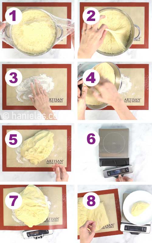 Weighing yeast dough into equal portions.