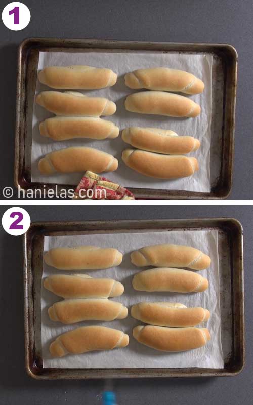 Spraying freshly baked hot buns with water.