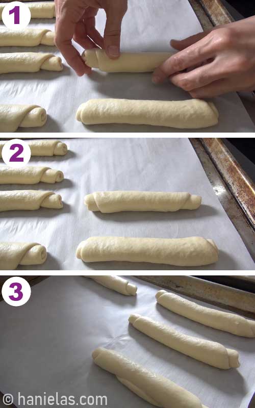 Placing shaped buns on a baking sheet lined with a parchment paper.