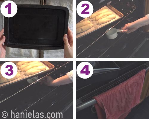 Pouring water into a shallow dish on the bottom oven rack.