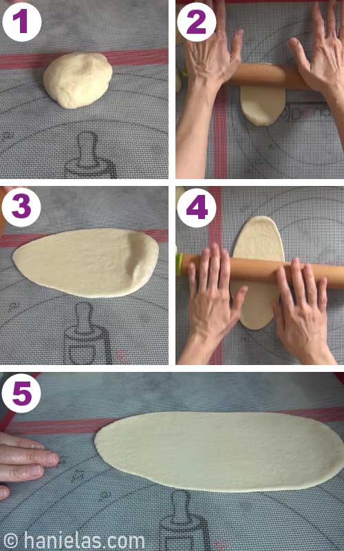 Rolling out a small ball of yeast dough on a silicone mat.