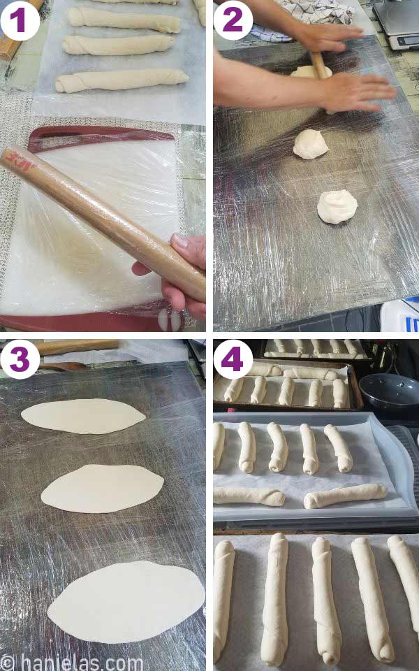 A piece of plywood wrapped in food wrap, bread rolled on the to of it.