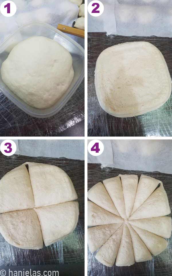 Bread dough cut into pieces using a grid method.