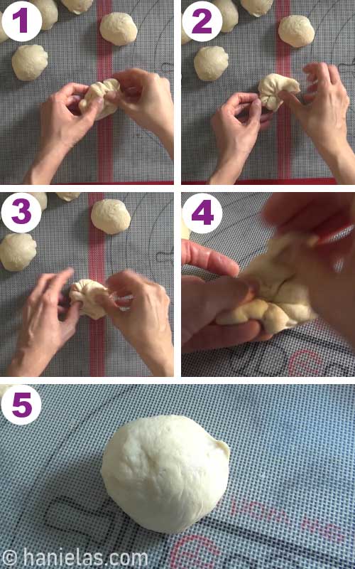 Shaping small pieces of yeast dough into balls.