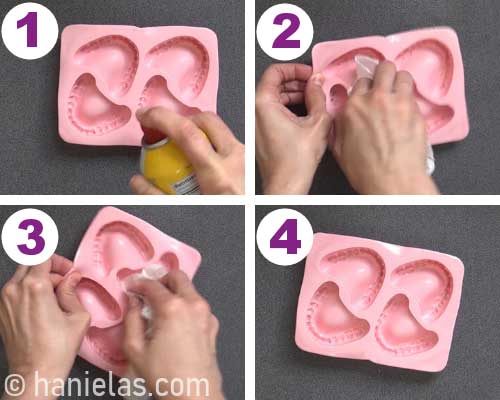 Spraying silicone mold with nonstick spray and wiping off excess.