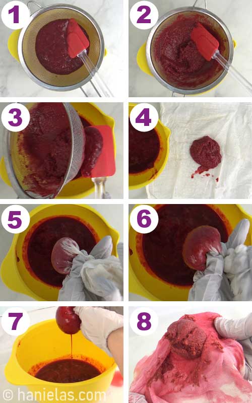 Straining raspberry mush through a fine mesh sieve and cheese cloth.