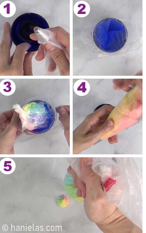 Fitting a piping bag with a start tip and filling it with rainbow frosting.