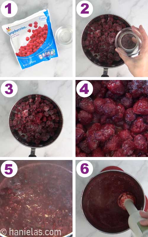 Frozen raspberries in a pot, cooking.