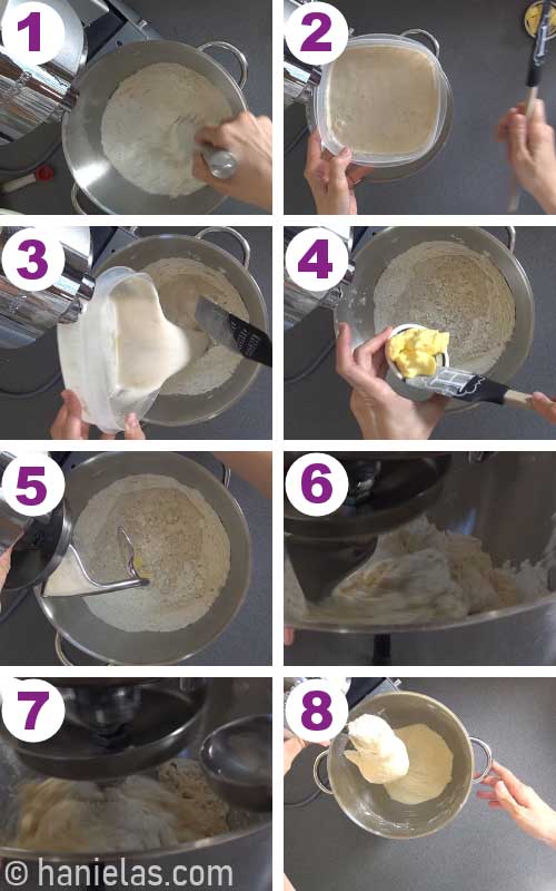 Kneading flour, yeast, water and butter in a bowl.