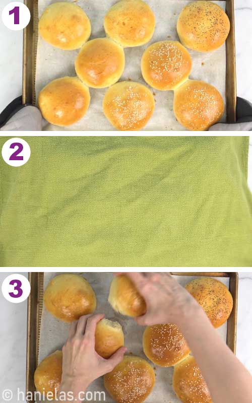Hot buns covered with a kitchen towel.
