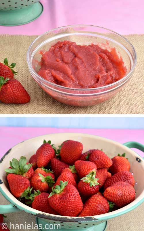 Fresh strawberries in a colander.