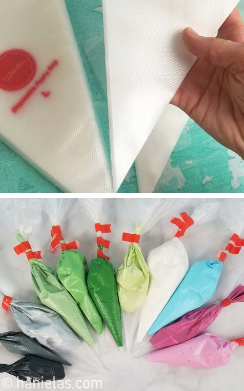 Disposable piping bags filled with royal icing.