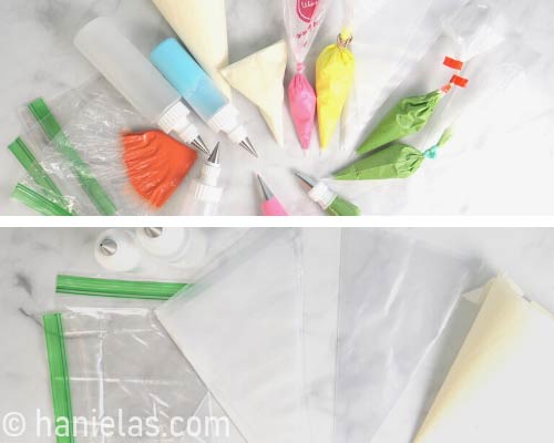 Plastic piping bags, disposable piping bags icing bottles on a counter.