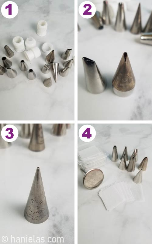 Metal piping tips, flower nail and parchment squares on a kitchen counter.