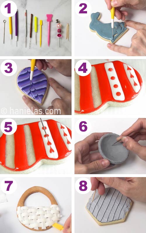 Using a needle tool to distribute the icing on a cookie.