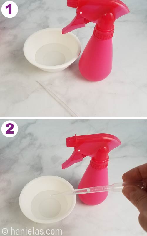 Spray bottle and a dropper being used to add water to royal icing icing.