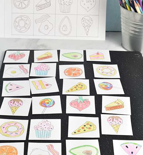 Colored cards places on a flat surface.