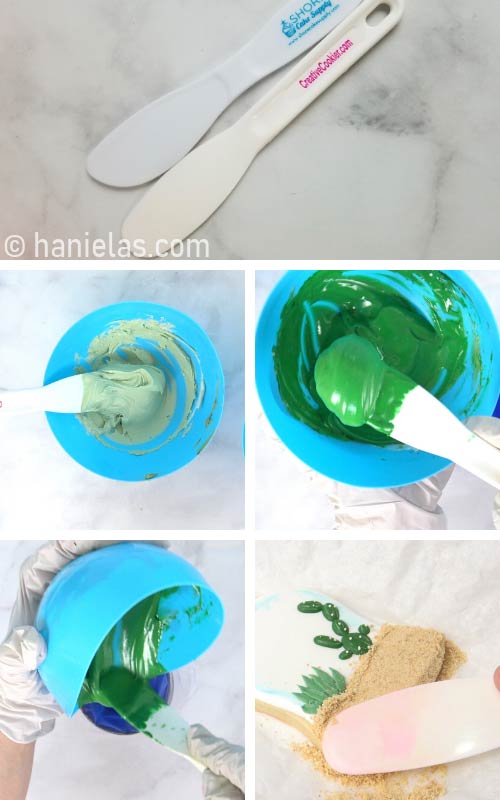 Using a spatula to mix royal icing.