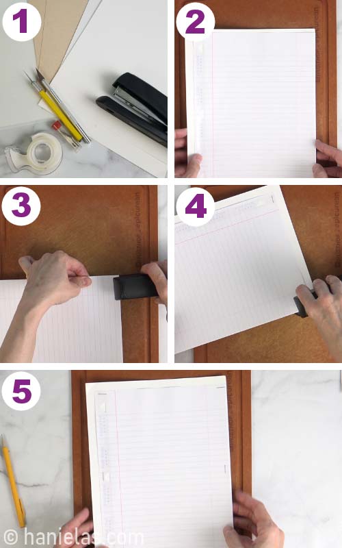 Stapling lined paper onto a card stock paper.