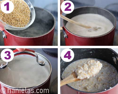 Pouring uncooked oats into boiling water.