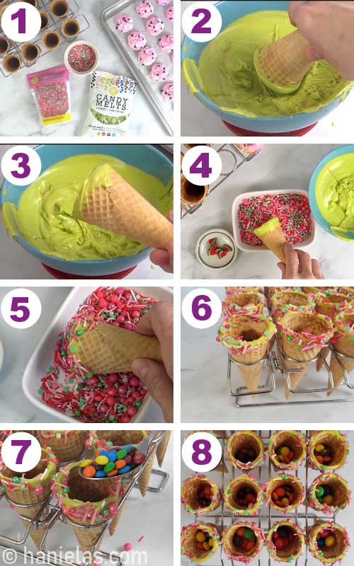 Dipping edge of sugar cones into melted chocolate and rolling them in sprinkles.