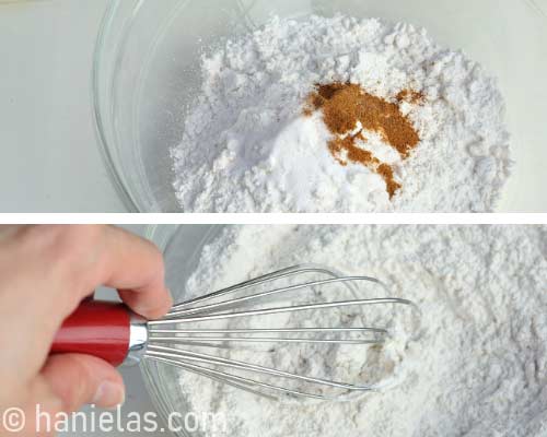 Dry ingredients in a bowl. Whisking them together.