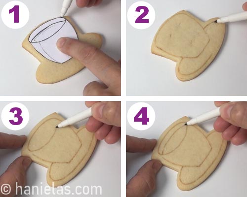 Tracing an outline onto a cookie with edible marker and a paper template.