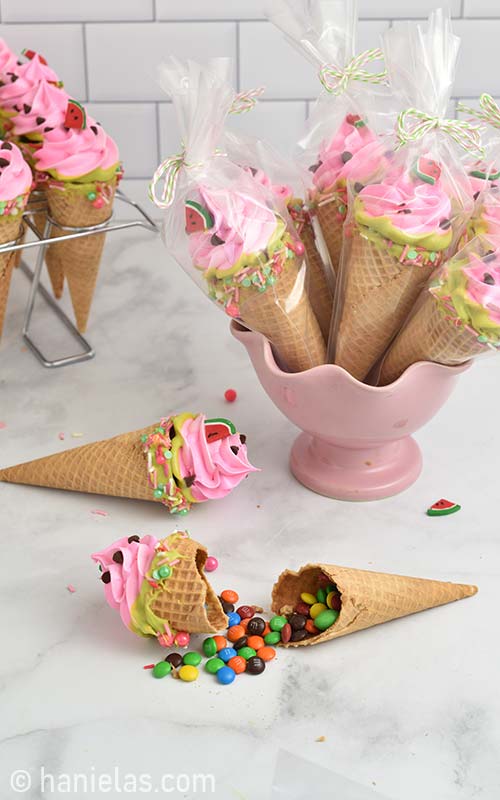 Ice cream cone cookies package in a clear bags.