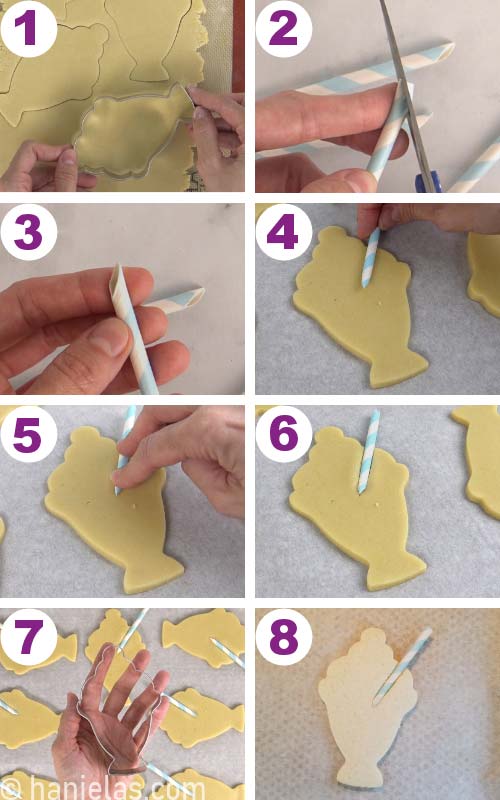 Pushing a paper drinking straw into a cut out unbaked cookie.