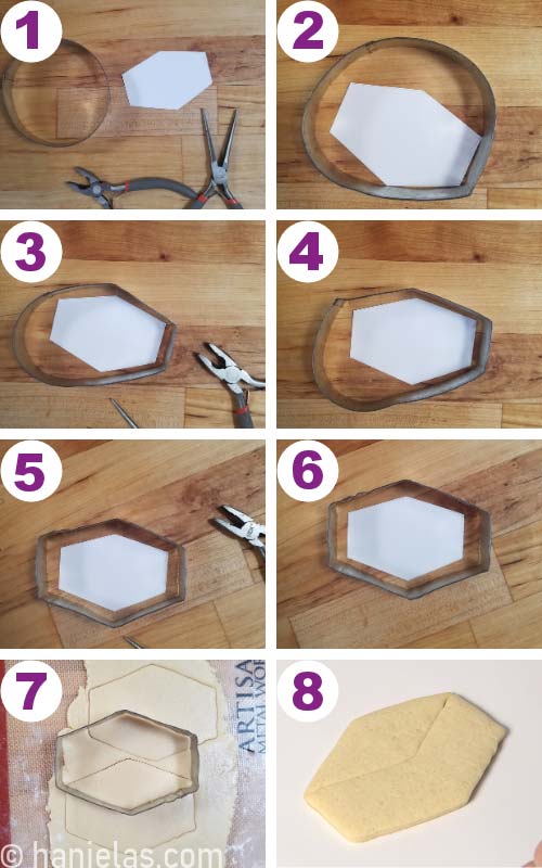 Shaping an old cookie cutter with pliers to make a new cookie cutter shape.