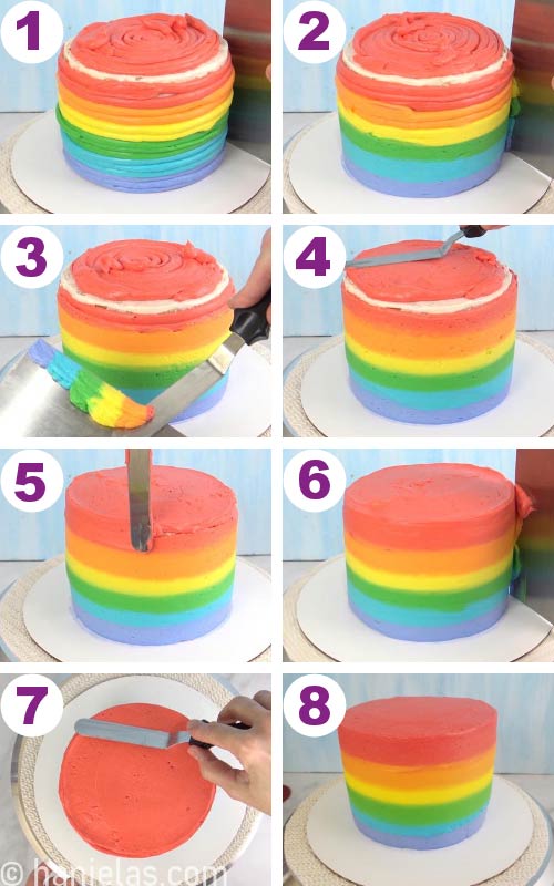 Smoothing icing on a cake with a buttercream smoother.