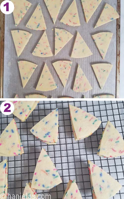 Cut out wedge cookies on a baking sheet.