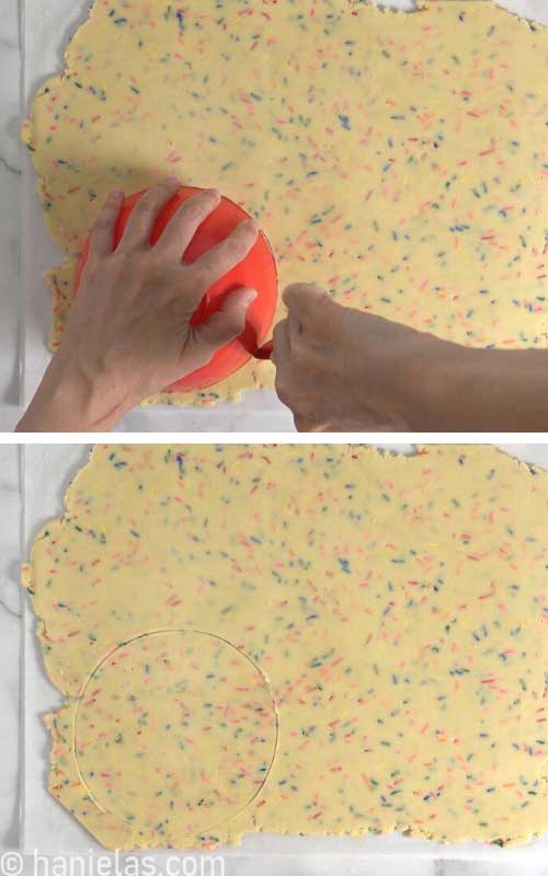 Cutting out cookies with a large bowl and a knife.