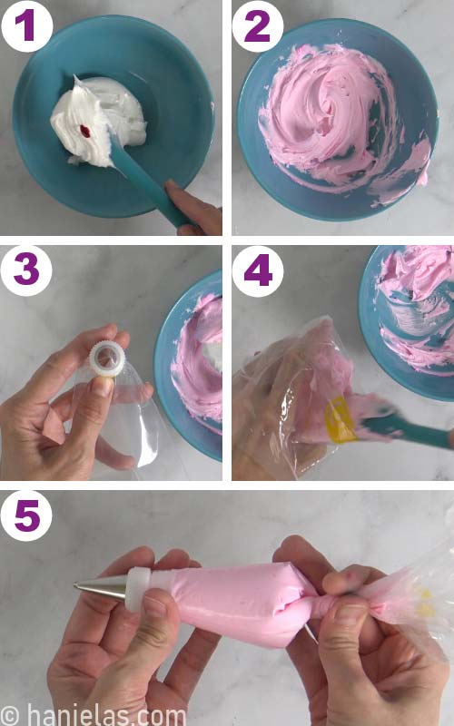 Coloring icing with pink food color, filling a piping bag with icing.