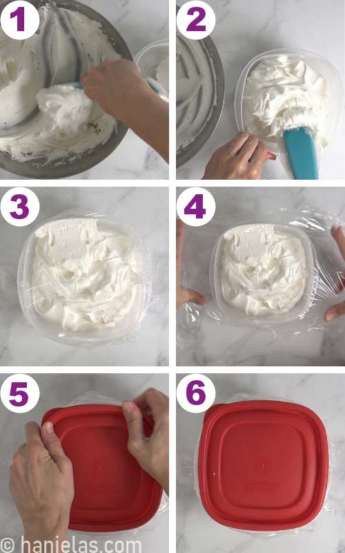 Scrapping icing out of the bowl and into a plastic airtight container.