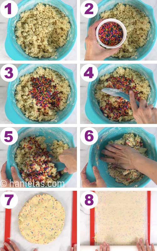 Pouring rainbow sprinkles into a cookie dough and mixing them in.